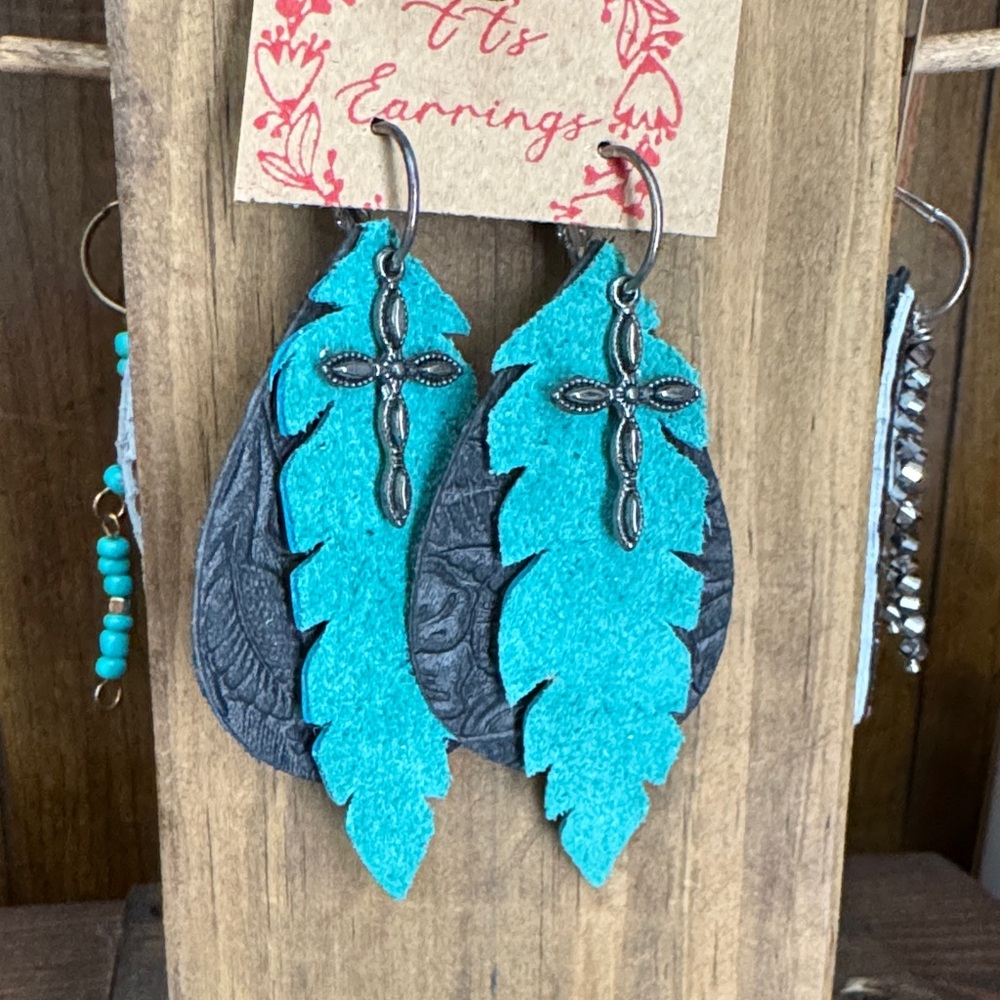 Turquoise and Black Feather Earrings